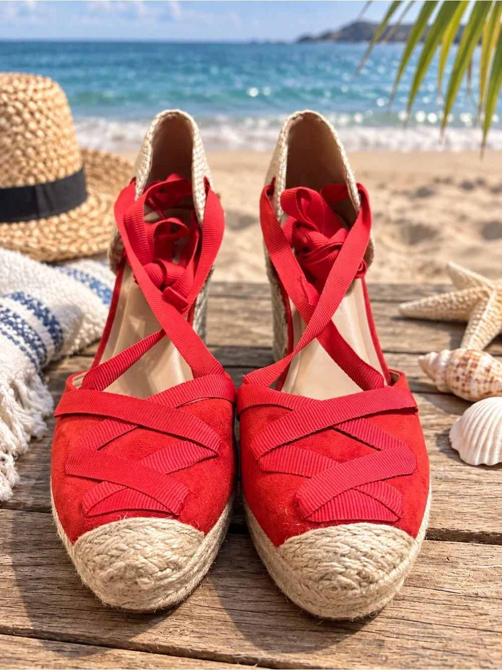 INC Merryy Espadrille Wedge Sandals Red/Natural Jute